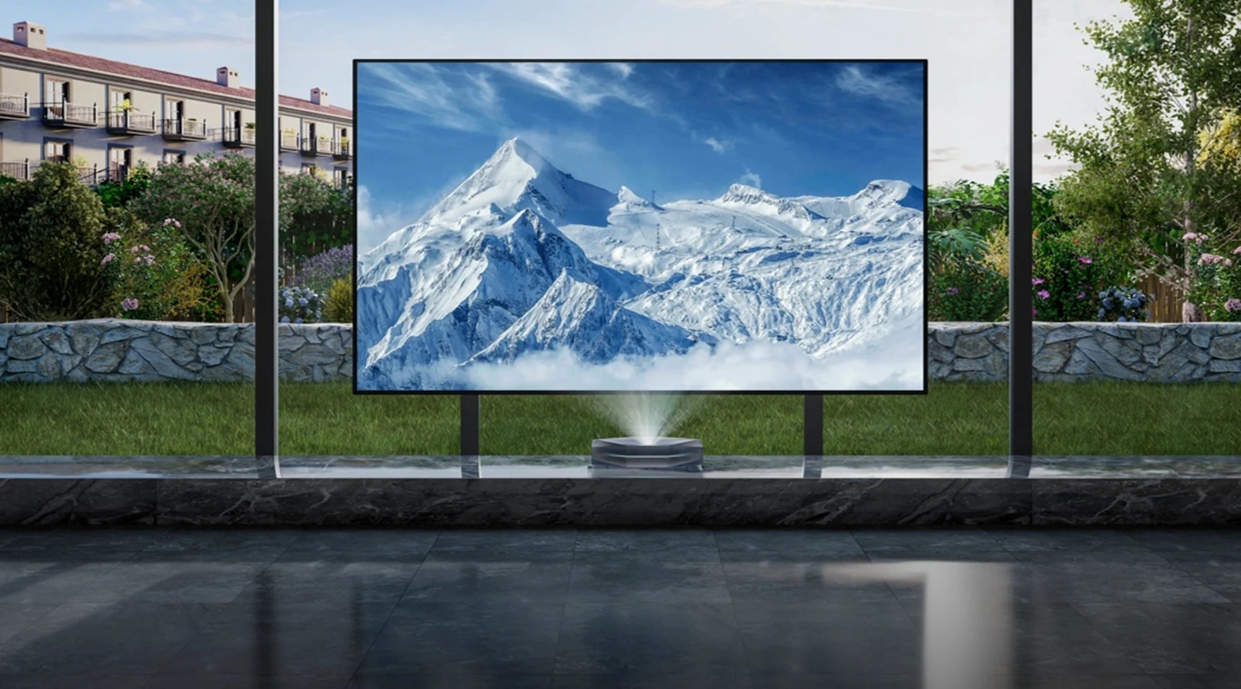 Ultra short throw projector displaying snowy mountains on a large screen in a bright room.