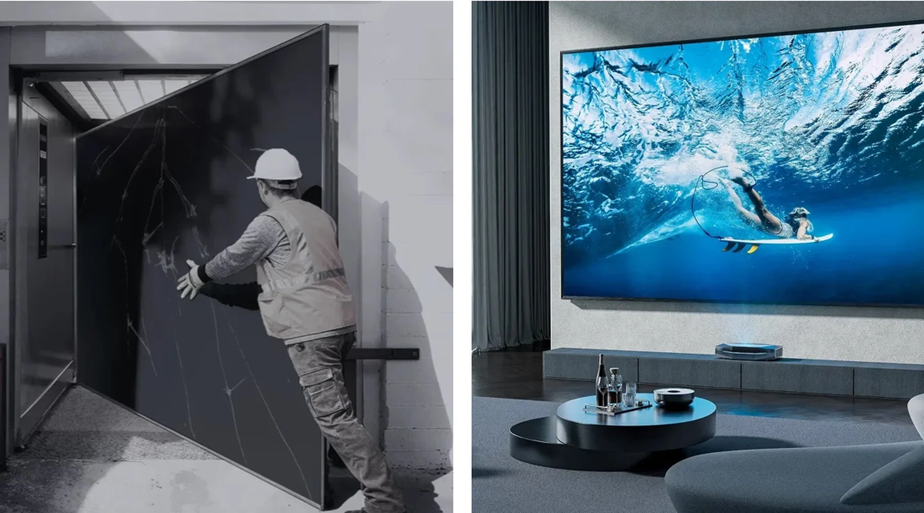 Projector versus TV: a home cinema display comparison setup.