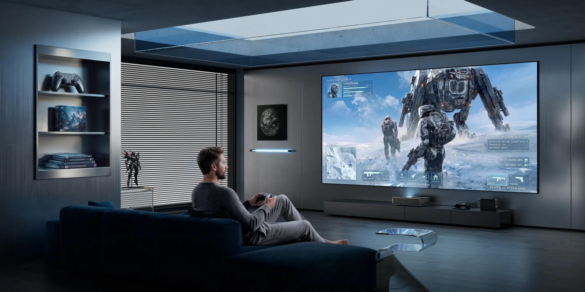 A man is playing games using a projector in the living room.